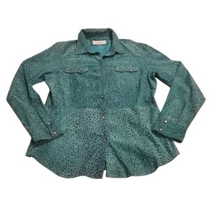 Tasha Polizzi Teal Animal Print Suede Pearl Snap Button Down Shirt